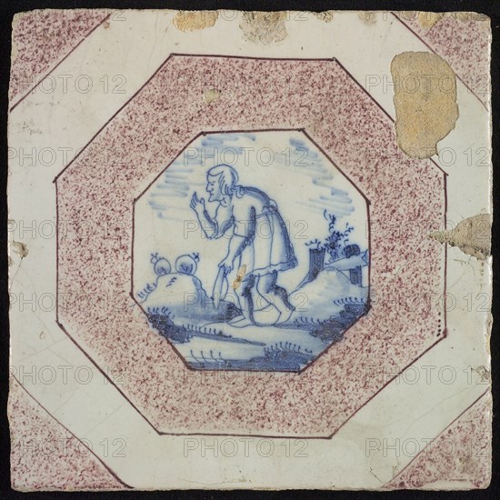 Scene tile, man in landscape with sheep, wall tile tile image ceramics earthenware glaze, baked 2x glazed painted Squared purple