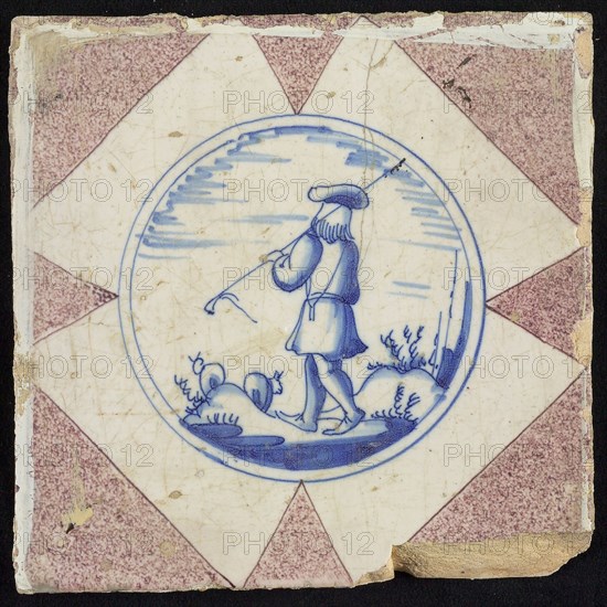 Figure tile, shepherd on the back seen in sheep, wall tile tile sculpture ceramic earthenware glaze, baked 2x glazed painted