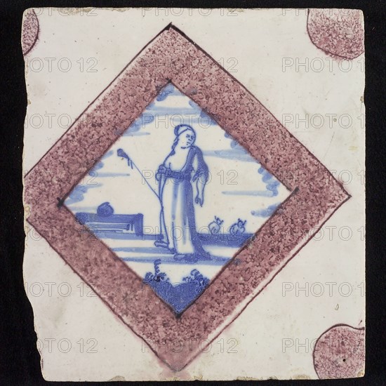 Figure tile, shepherdess with staff, corner motif half purple circle, wall tile tile sculpture ceramic earthenware glaze, baked