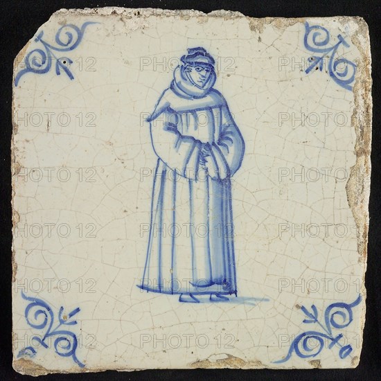 Figure tile, Franciscan Monk, corner motif ox's head, wall tile tile sculpture ceramic earthenware glaze, baked 2x glazed