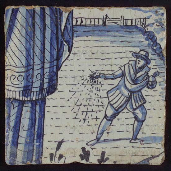 Tile from tableau 'Hoop' with in blue sower on land, tile picture footage fragment ceramic pottery glaze tin glaze, in shape