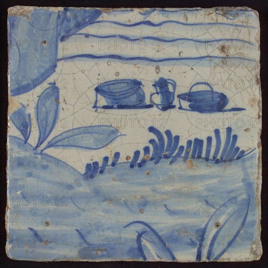 Tile with blue pans, jug and plants, tile pilaster footage fragment ceramic pottery glaze, d 1.3