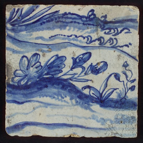 Tile with blue plants on hill, tile pilaster footage fragment ceramic pottery glaze, d 1.4