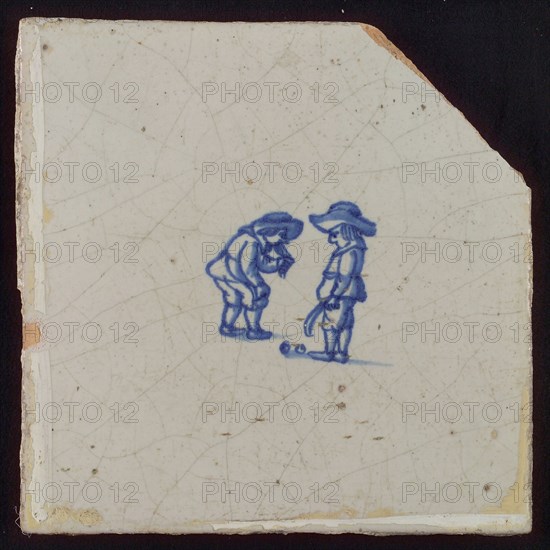 Scene tile, double child's play, koten?, wall tile tile sculpture ceramic earthenware glaze, baked 2x glazed painted Blue on