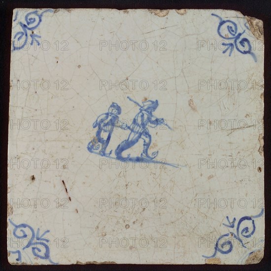 Scene tile, double child's play, ice skating, corner pattern ox's head, wall tile tile sculpture ceramic earthenware glaze