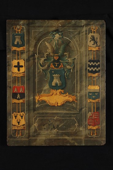 Panel with weapon of the genus Kasteleijn with eight trunk parts, painting footage oilpaint wood, KASTELEYN YSERMANS VAN DAM VAN