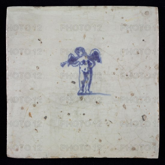 White tile with in blue putto with trumpet, wall tile tile sculpture ceramic earthenware glaze, baked 2x glazed painted music
