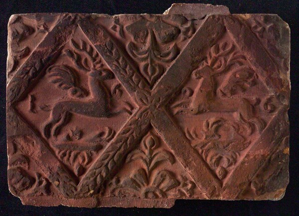 Hearthstone, from Antwerp Belgium, without frame, with winged deer in glass, fireplace hearth part ceramic brick, baked Hearth