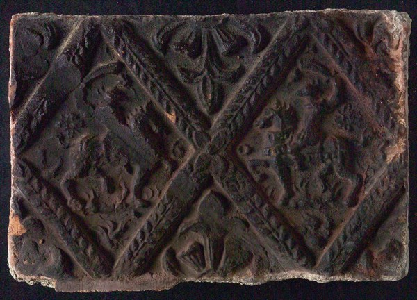 Hearthstone, from Antwerp Belgium, without frame, with two knights on horseback, hearth fireplace component ceramics brick