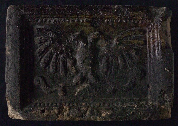 Hearthstone, Luiks, from Luik, Liege Belgium, with wide frame, with two-headed eagle, hearth fireplace part ceramic brick, baked