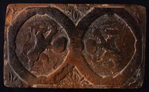 Hearthstone, from Antwerp Belgium, without frame, with lions in oval, hearth fireplace part ceramics brick, baked Hearth