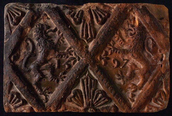 Hearthstone, from Antwerp Belgium, without frame, with two lions in the window, fireplace stone part ceramic brick, baked Hearth