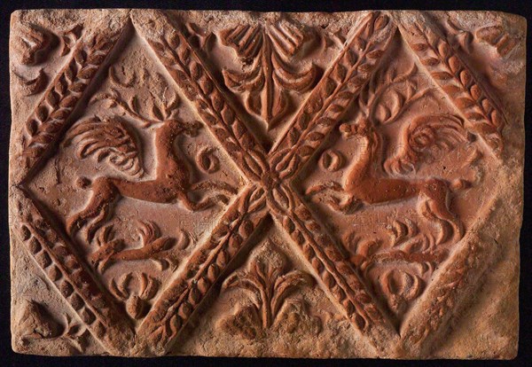 Hearthstone, from Antwerp Belgium, without frame, with winged deer in the window, fireplace stone part ceramic brick, baked