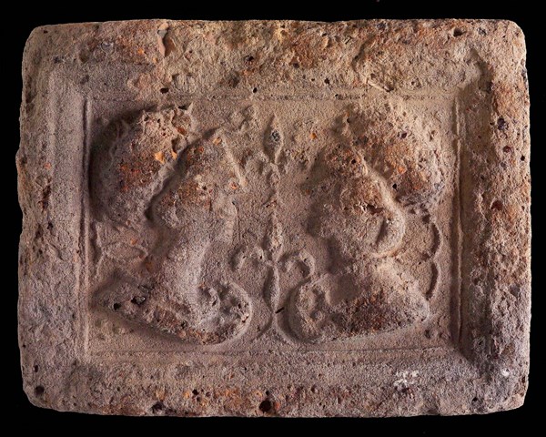 Hearthstone, Luiks, from Luik, Liege Belgium, with wide frame, with male and female head, fireplace stone fireplace ceramics