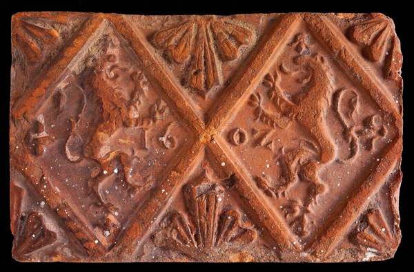 Hearthstone, from Antwerp Belgium, without frame, with lions in the window, fireplace hearth part ceramic bricks, fired Hearth