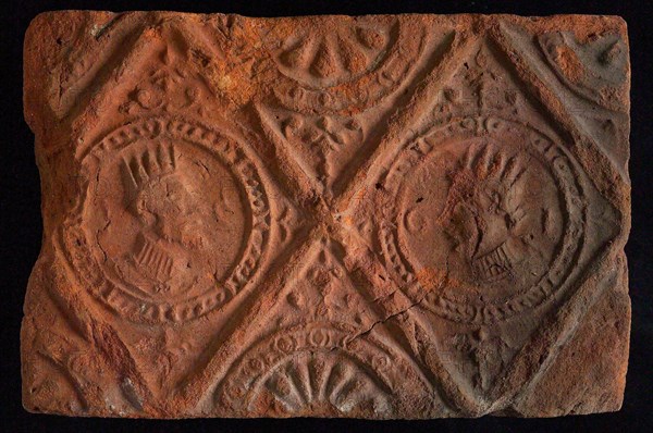 Hearthstone, from Antwerp Belgium, without frame, with crowned male and female head, hearth fireplace component ceramics brick