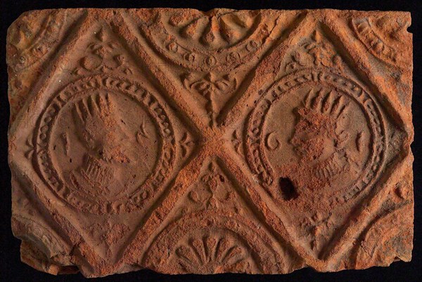 Hearthstone, from Antwerp Belgium, without frame, with crowned male and female head, hearth fireplace component ceramics brick