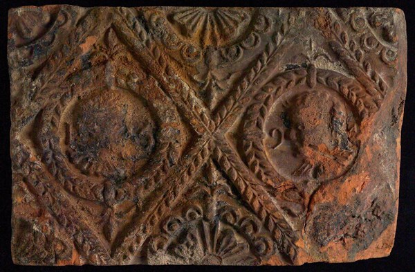 Hearthstone, from Antwerp Belgium, without frame, with male and female head, fireplace stone fireplace part ceramics brick 10,5
