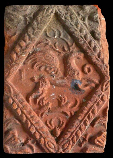 Hearthstone, from Antwerp Belgium, without frame, with winged deer in glass, hearth fireplace component ceramics brick, baked