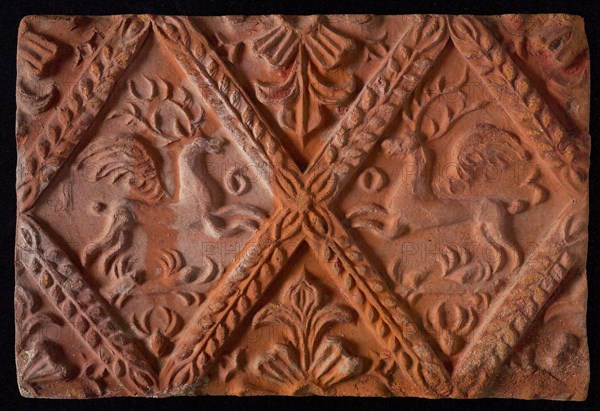 Hearthstone, from Antwerp Belgium, without frame, with winged deer in the window, hearth fireplace part ceramic brick, fried