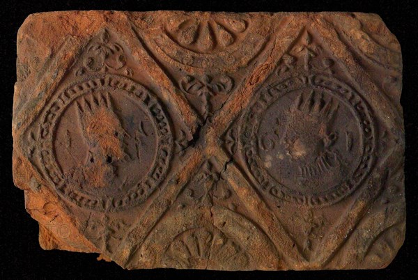 Hearthstone, from Antwerp Belgium, without frame, with crowned male and female head, fireplace hearth part ceramics brick, baked