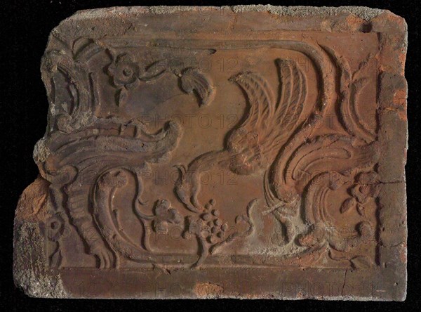 Hearthstone, Luiks, from Luik, Liege Belgium, with wide frame, with bird, flowers and grapes, hearth fireplace part ceramics