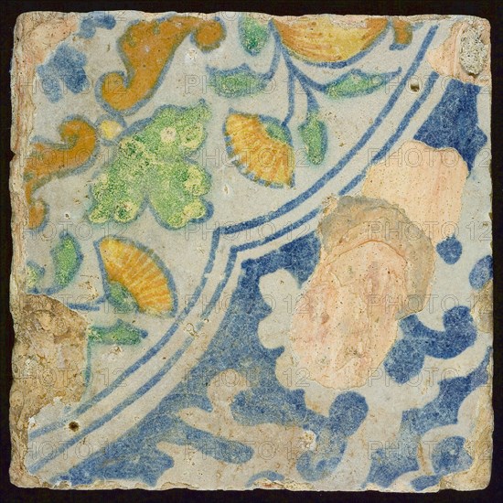 Jacob Martenz, Ornament tile, corner pattern palmet, with reverse tile markers, dated and signed, wall tile tile sculpture soil