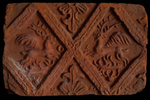 Hearthstone, from Antwerp Belgium, without frame, with winged deer in glass, hearth fireplace component ceramics brick glaze