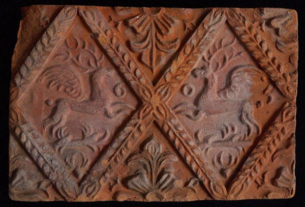 Hearthstone, from Antwerp Belgium, without frame, with winged deer in the window, hearth fireplace component ceramics brick