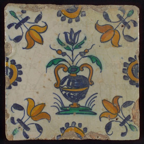 Flower tile, flowerpot, half rosette in the middle of the sides, corner pattern lily, wall tile tile sculpture ceramic