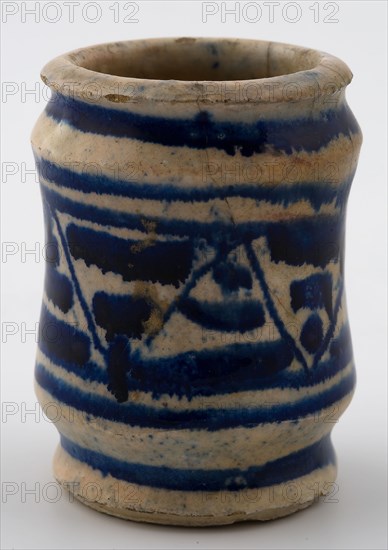Small majolica albarello on stand with flown blue decor, albarello holder soil find ceramics earthenware glaze lead glaze