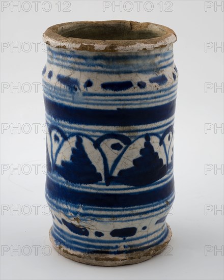 High majolica albarello on stand with flown blue decor, albarello holder soil find ceramic earthenware glaze lead glaze tin