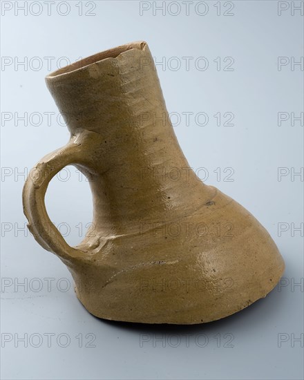 Fragment gray stoneware jug, neck with band ear and small part of shoulder, jug crockery holder soil find ceramic stoneware