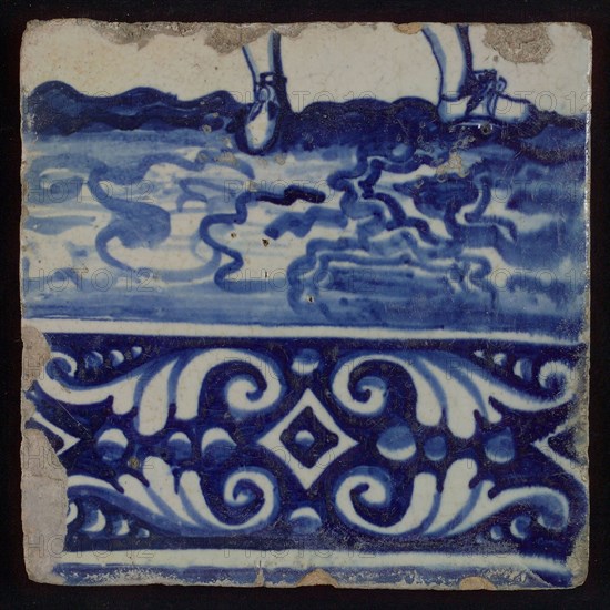 Tile of tableau with in blue feet and decorated border, tile picture footage fragment ceramics pottery glaze, baked 2x glazed