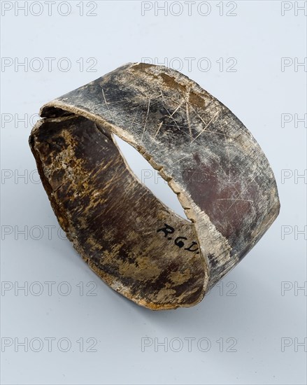 Fragment of cow horn with scratches and dowels, artifact soil find horn, sawn cut Fragment cow horn broad ring