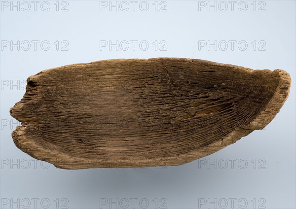 Fragment wooden bowl on stand surface, edge twisted band, bowl crockery holder soil find wood, sawn twisted sanded Fragment