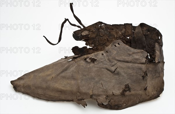 Fragment pointy shoe, consisting of heel, side with lace holes and lacing and front, shoe footwear clothing soil finding leather