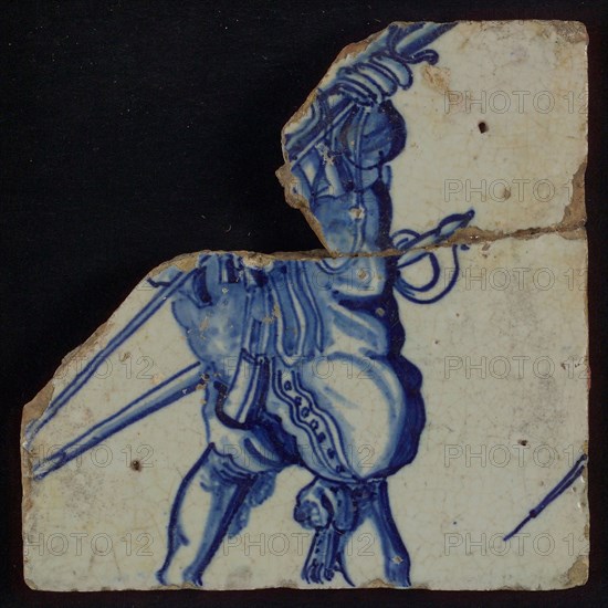Tile of tableau with blue soldier's torso, tile picture footage fragment ceramics pottery glaze, baked 2x glazed painted Tile