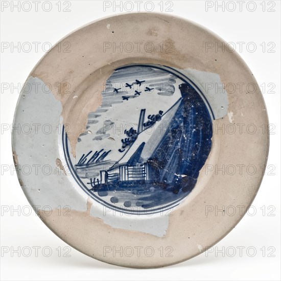 Faience plate on stand, with landscape in blue on white ground, plate dish crockery holder soil find ceramic earthenware glaze