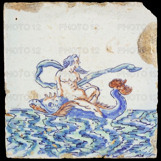 Scene tile, naked man with waving cloth sitting on fish, to the left, in continuous water, wall tile tile sculpture soil find