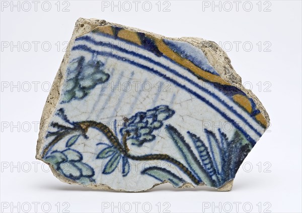 Fragment of majolica dish on which plant, dish plate crockery holder soil find ceramic earthenware glaze lead glaze tin glaze