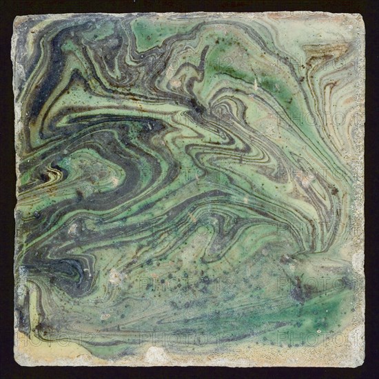 Tile, green and brown flamed in sludge flow technique, wall tile tile sculpture ceramics pottery clay engobe glaze, baked 2x