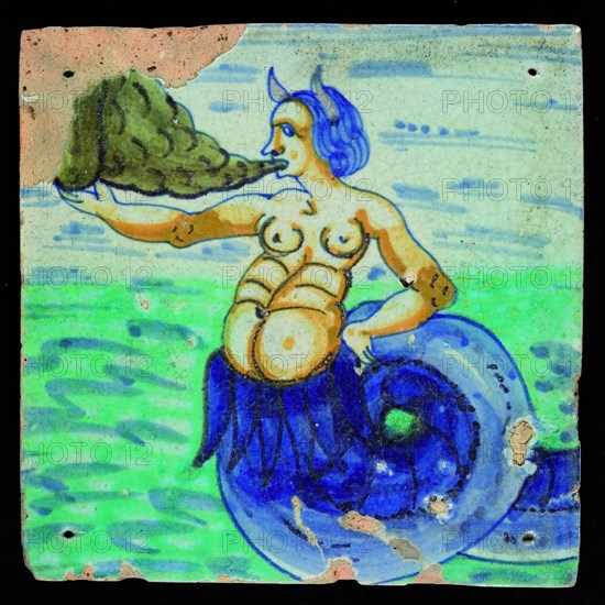 Scene tile, polychrome tile with sea creature, edge tile wall tile tile sculpture soil find ceramic earthenware glaze, baked 2x