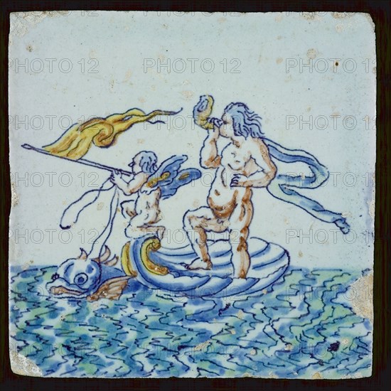 Scene tile, amor and horn blowing man on shell at sea, wall tile tile sculpture soil find ceramic earthenware glaze, baked 2x