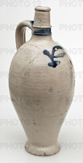 Gray stoneware mineral pitcher, squeeze foot, ear, round neck blue band, letter P on shoulder, mineral pitcher jug pitcher