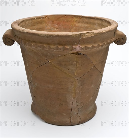 Pottery flowerpot, with two curled handles and serrated edge, flower pot holder earth discovery ceramic earthenware, hand-turned