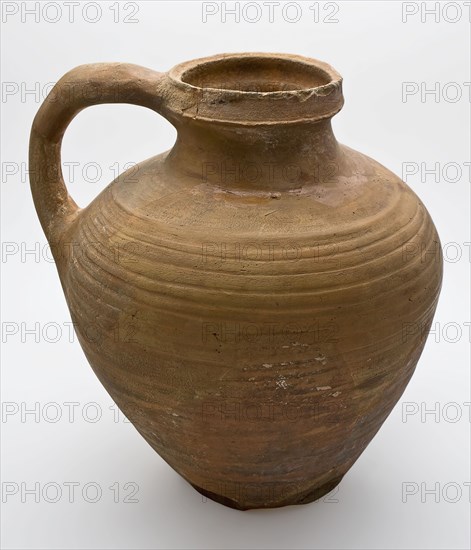 Pottery water jug with ear, on five fins, rings around the belly, water jug crockery holder soil find ceramic earthenware, hand