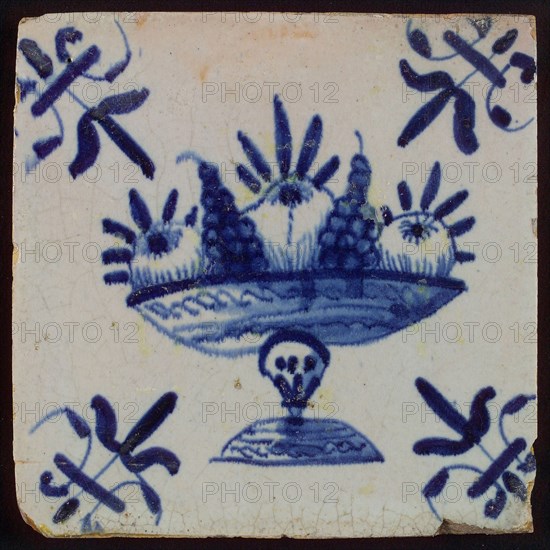 Tile with blue fruit bowl; corner pattern lily, wall tile tile footage ceramic pottery glaze, baked 2x glazed painted Four tiles