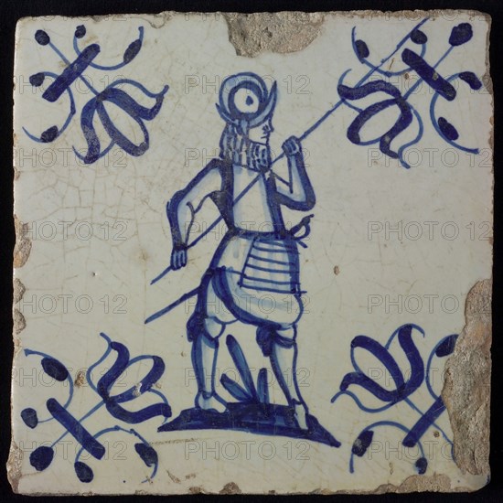 White tile with blue warrior, corner pattern lily, wall tile tile sculpture ceramics pottery glaze, baked 2x glazed painted