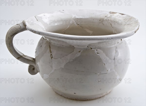 White faience room pot with outstanding rim and curled ear, pot holder sanitary earthenware ceramics pottery glaze tin glaze